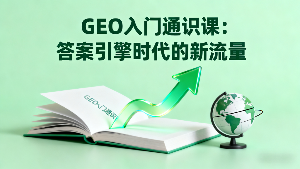 GEO-优化入门课宣传图，蓝绿渐变背景搭配数字流量波纹与-AI-图标，突出-零基础友好新流量入口，文字清晰标注课程全称，风格轻快易懂