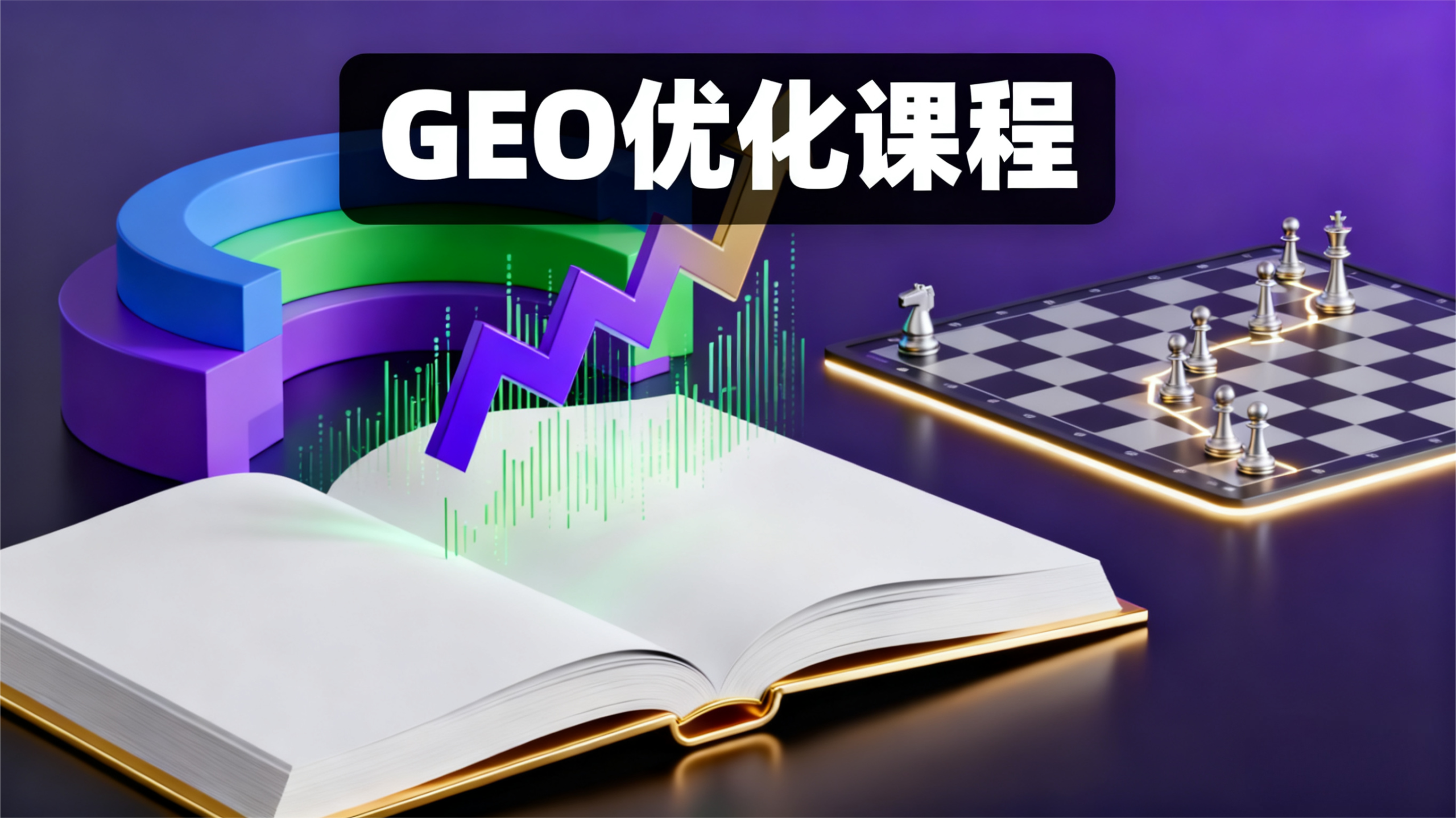 GEO 优化课程宣传图，深紫背景，含立体图形、数据折线箭头、书籍与棋盘，风格科技感强，凸显课程专业性