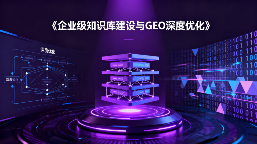 GEO-进阶课宣传图，科技蓝深灰渐变，融入知识图谱与芯片元素，标注-RAG-技术多模态融合，传递专业深度，适配企业级优化需求