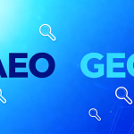 浅科技蓝背景的专业封面，核心呈现-AEO-vs-GEO-主题，用双向箭头连接二者图标，凸显策略一致性。