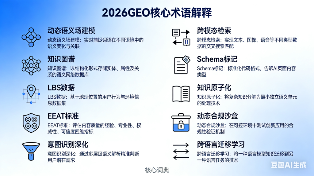 2026GEO 核心术语解释图（核心词典），含动态语义场建模、知识图谱等多个 GEO 相关术语及释义，搭配对应图标