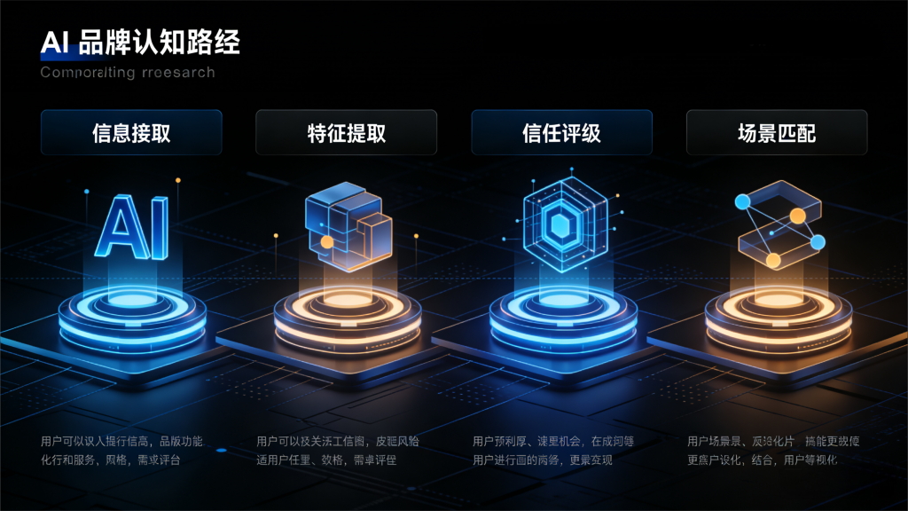 科技感 AI 品牌认知四步流程图，呈现信息抓取、特征提取、信任评级、场景匹配全链路，蓝色数据流 + 节点可视化，诠释 2026 年品牌 GEO 优化核心逻辑。