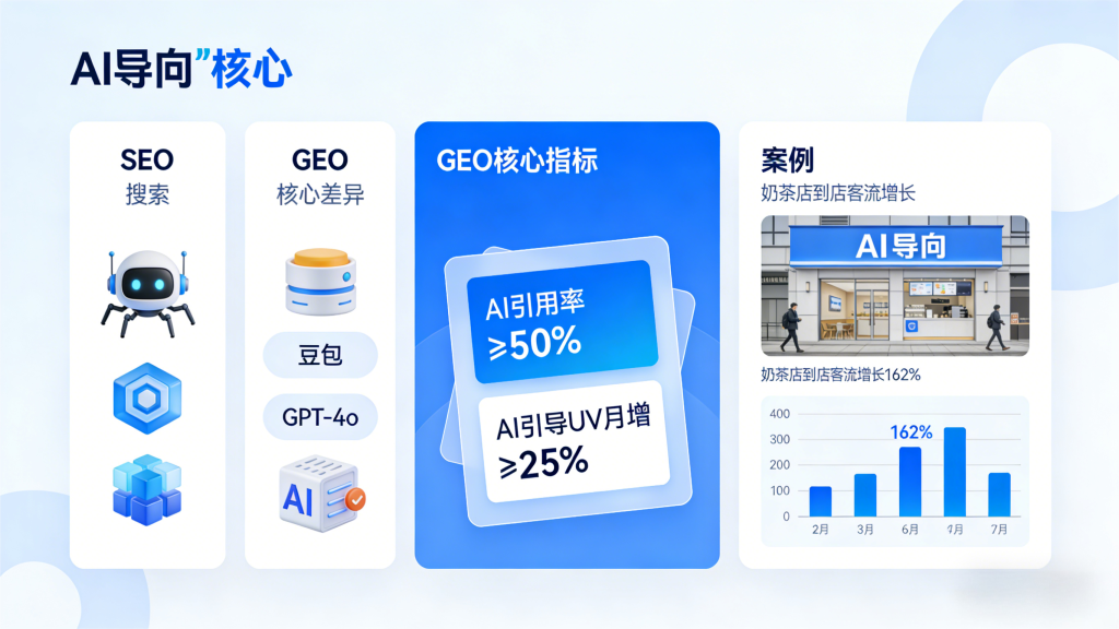 AI 导向核心展示图，分三模块：左侧对比 SEO（爬虫图标）与 GEO（豆包 / GPT-4o 图标）差异、中间展示 “AI 引用率≥50%”“AI 引导 UV 月增≥25%” 核心指标、右侧为奶茶店到店客流增长 162% 的柱状图案例，蓝白科技风突出 AI 导向。