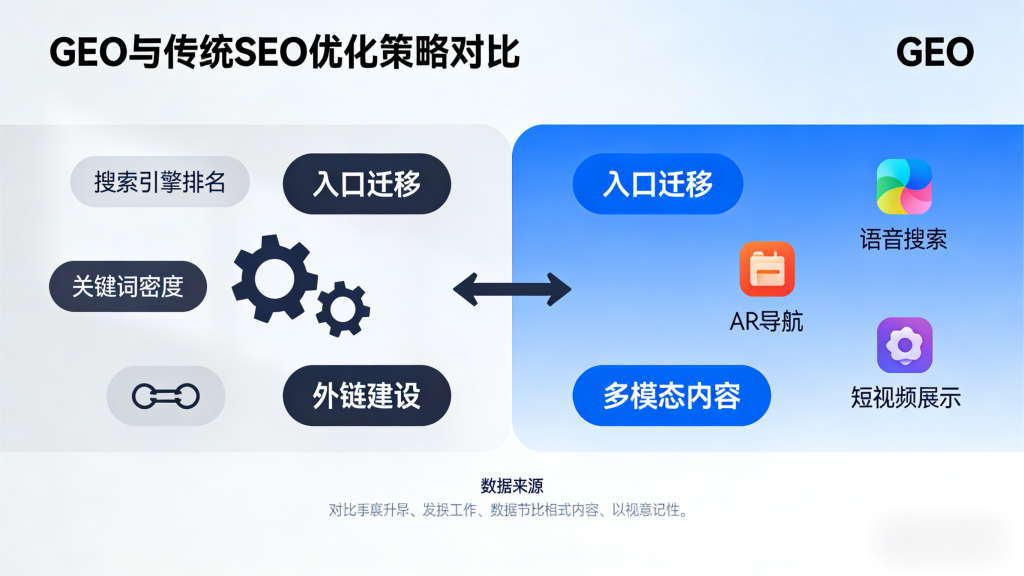 GEO 优化三大核心影响示意图，对比传统 SEO 与新 GEO 差异，可视化入口迁移、内容策略调整、数据闭环重构逻辑，适配文章核心论证