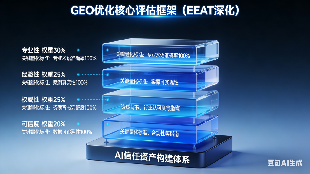 GEO 优化核心评估框架（EEAT 深化）图，分层结构展示专业性、经验性等 4 个维度的权重与量化标准，底部标注 AI 信任资产构建体系