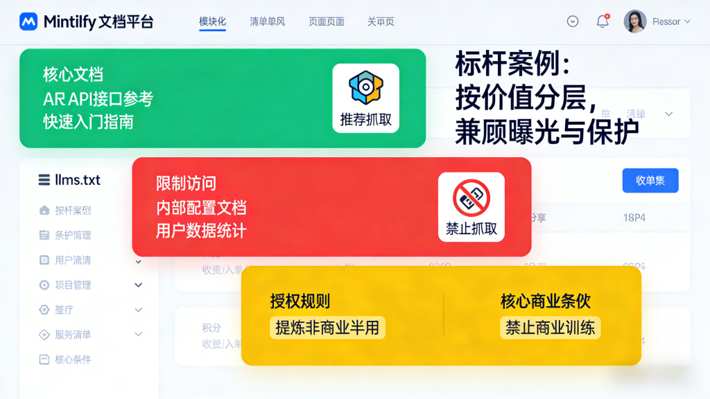 基于 Mintlify 文档平台的 llms.txt 实操案例示意图，通过绿、红、黄三色模块区分 “核心文档（推荐抓取）”“限制访问（禁止抓取）”“授权规则”，直观展示按价值分层的配置策略。