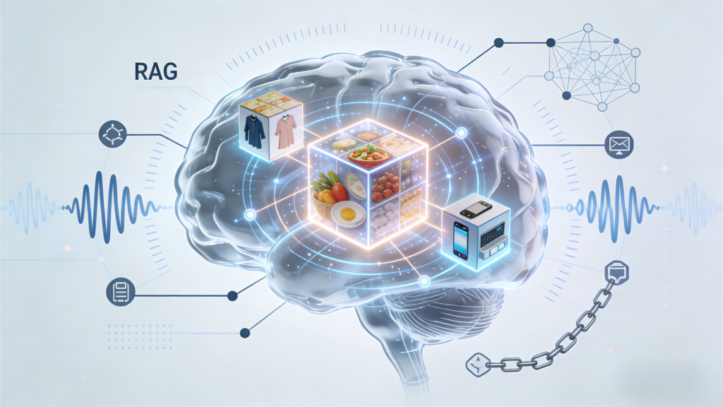 RAG 技术可视化插画，以透明大脑为载体，展示 AI 结合服饰、食品、数码等多品类商品数据的场景，搭配网络、邮件等信息交互元素，体现智能数据整合的应用。