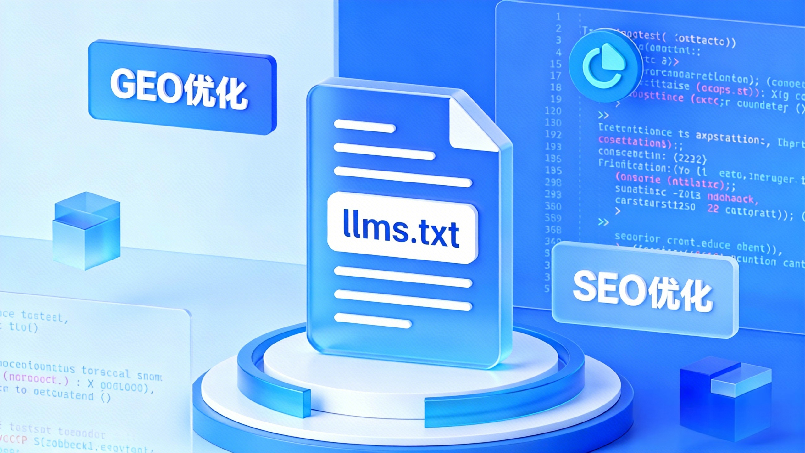 这张科技风插图以蓝色为主色调，核心展示 llms.txt 文件，搭配 “GEO 优化”“SEO 优化” 标识，体现该文件在 AI 生态与传统搜索优化中的双重作用，适合技术博客中 llms.txt 定义部分的视觉辅助。