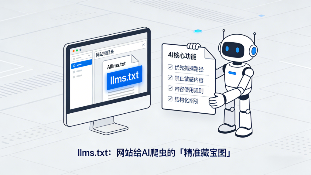 简约线条风插图，左侧展示网站根目录中的 llms.txt 文件，右侧 AI 机器人手持 “4 大核心功能” 清单，配文 “llms.txt：网站给 AI 爬虫的精准藏宝图”，清晰概括该文件的核心作用。