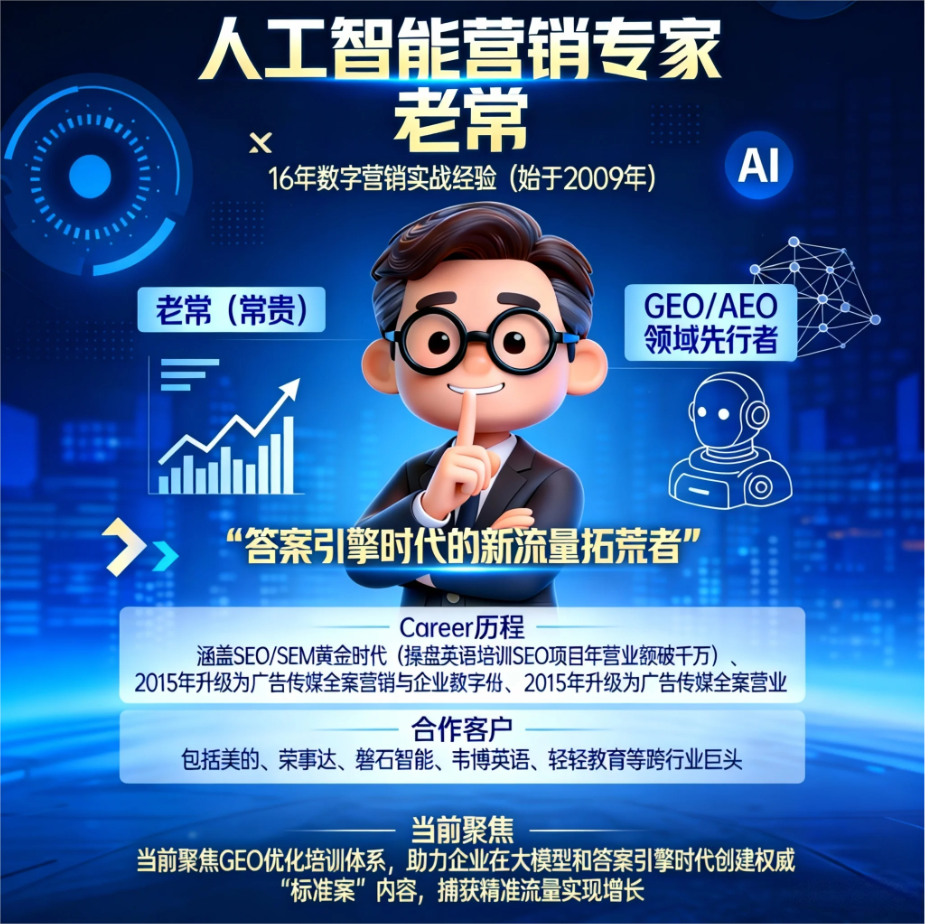 人工智能营销专家老常（常贵）宣传海报：卡通商务形象呈现，标注其为 GEO/AEO 领域先行者、16 年数字营销实战经验，涵盖千万级 SEO 项目、服务美的等跨行业巨头及 GEO 优化培训体系等核心信息