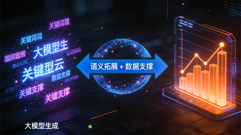 左侧大模型生成的发光关键词粒子云，右侧科技感量化数据图表，双向箭头连接，展现语义拓展与数据支撑的 GEO 关键词验证场景。