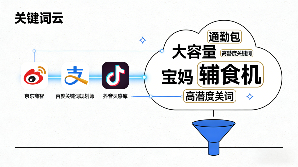 关键词云展示图，左侧关联京东商智、百度关键词规划师、抖音灵感库工具，云内包含大容量、宝妈、通勤包、辅食机等高潜关键词，底部有漏斗元素。
