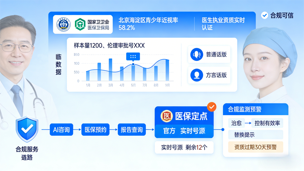 医疗 GEO 优化（EEAT 与健康数据融合）示意图，展示国家卫健委 / 医保数据联动、临床数据可视化、合规服务链路（AI 咨询 - 医保预约）及合规监测预警，体现医疗 GEO 的 EEAT 强化与合规闭环逻辑。