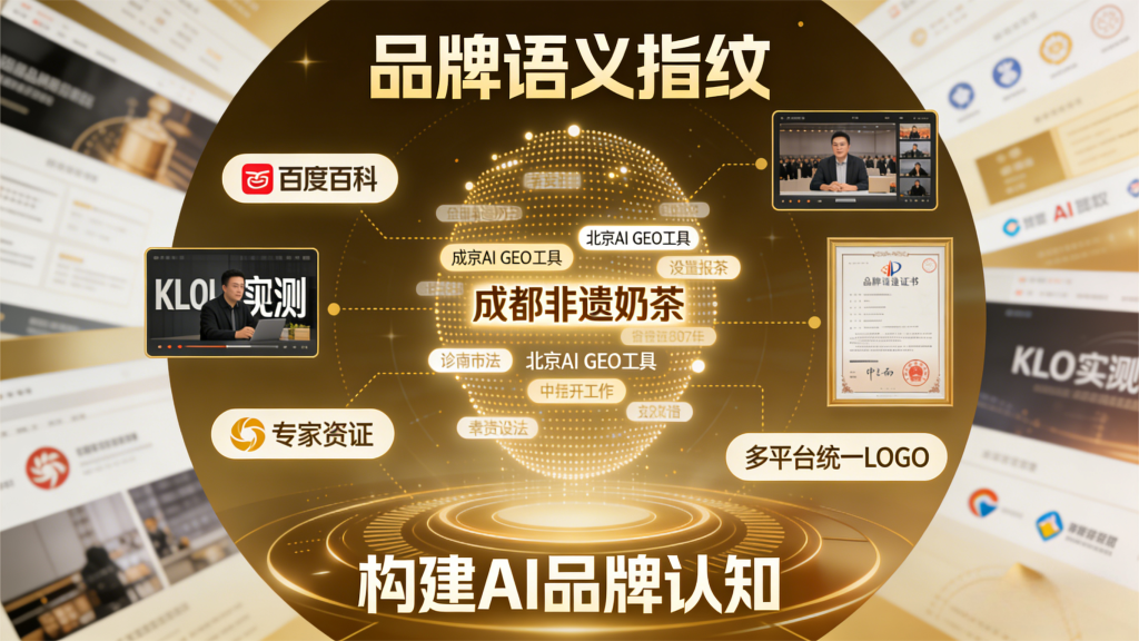 品牌语义指纹展示图，中心为 “成都非遗奶茶”“北京 AI GEO 工具” 标签云，周边环绕百度百科品牌词条、KOL 实测视频截图、专家资质证书、多平台统一 LOGO，金色风格突出品牌认知权威性。