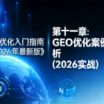 《GEO 优化入门指南（2026 最新版）》第十一章插图，以深蓝色科技背景、数字地球（含 AI 标识）为视觉元素，呈现 “GEO 优化案例解析（2026 实战）” 章节主题，是指南中聚焦实战案例的核心板块。