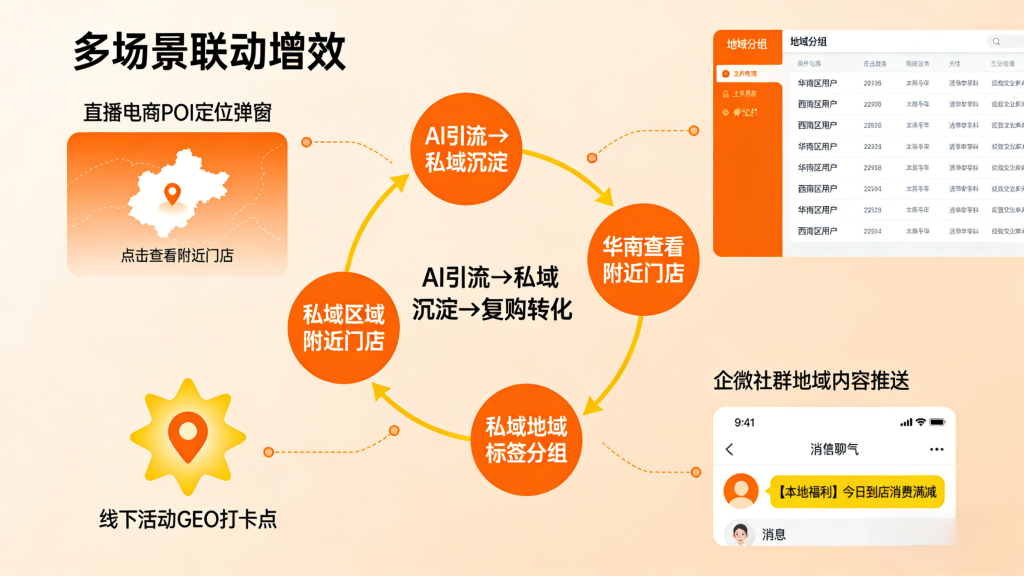 多场景联动增效闭环流程图，核心为 “AI 引流→私域沉淀→复购转化” 链路，周边展示直播电商 POI 定位弹窗、线下活动 GEO 打卡点、私域地域标签分组、企微社群地域内容推送截图，连接线条体现多场景协同。