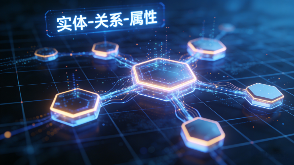 这是一张科技风格的 “实体 - 关系 - 属性” 可视化图表，背景为深蓝色网格纹理，核心是发光的六边形节点与连线组成的关联网络，标题 “实体 - 关系 - 属性” 以发光样式呈现，整体体现数据或知识体系的关联结构，科技感强烈。