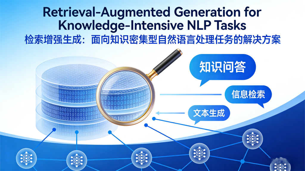 展示论文英文标题与中文副标题，搭配数据库（含二进制数据）、放大镜元素，以及 RAG 涉及的知识问答、信息检索、文本生成任务模块