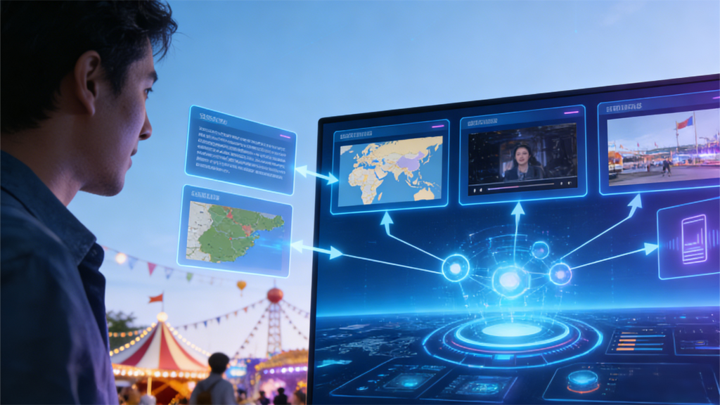 人员查看智能交互界面，屏幕呈现全球地图、视频画面、实景场景等内容，背景是户外节庆活动，体现科技与现实结合的信息流转。