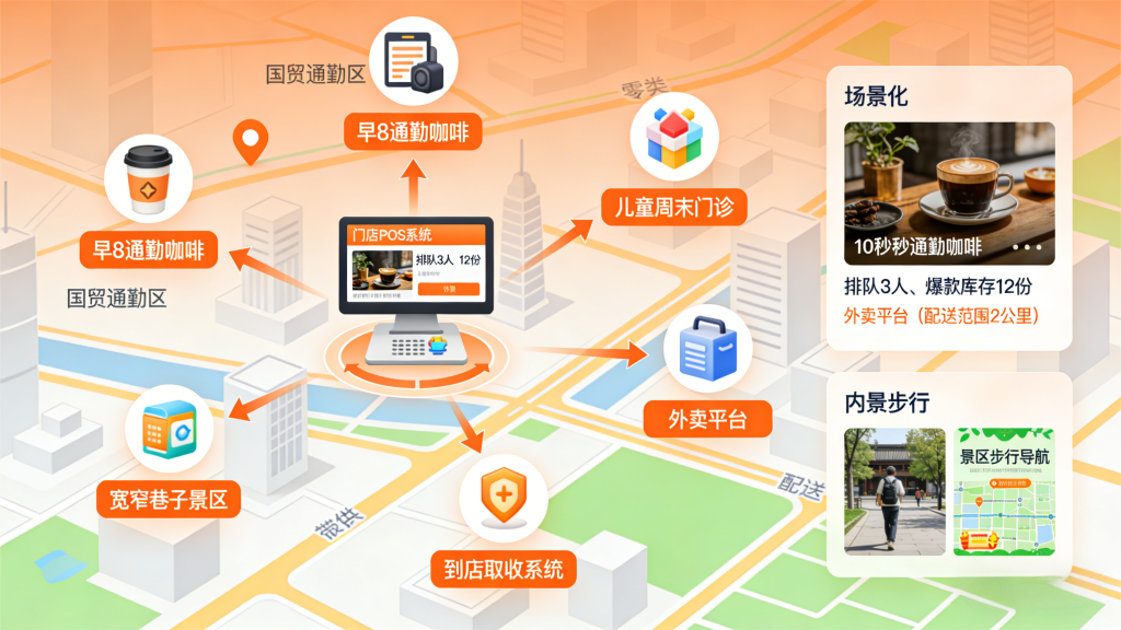 本地 GEO 场景化运营（动态服务场）可视化示意图，以门店 POS 系统为核心，联动国贸通勤区、宽窄巷子景区等场景，展示实时排队 / 库存数据、场景化内容（早 8 通勤咖啡）及景区步行导航，体现本地 GEO 从 POI 到动态服务场的运营逻辑。