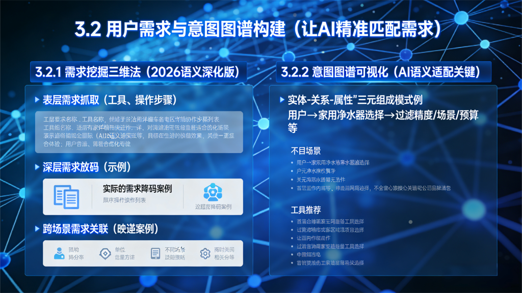 用户需求与意图图谱构建。呈现需求挖掘三维法和意图图谱可视化的核心内容