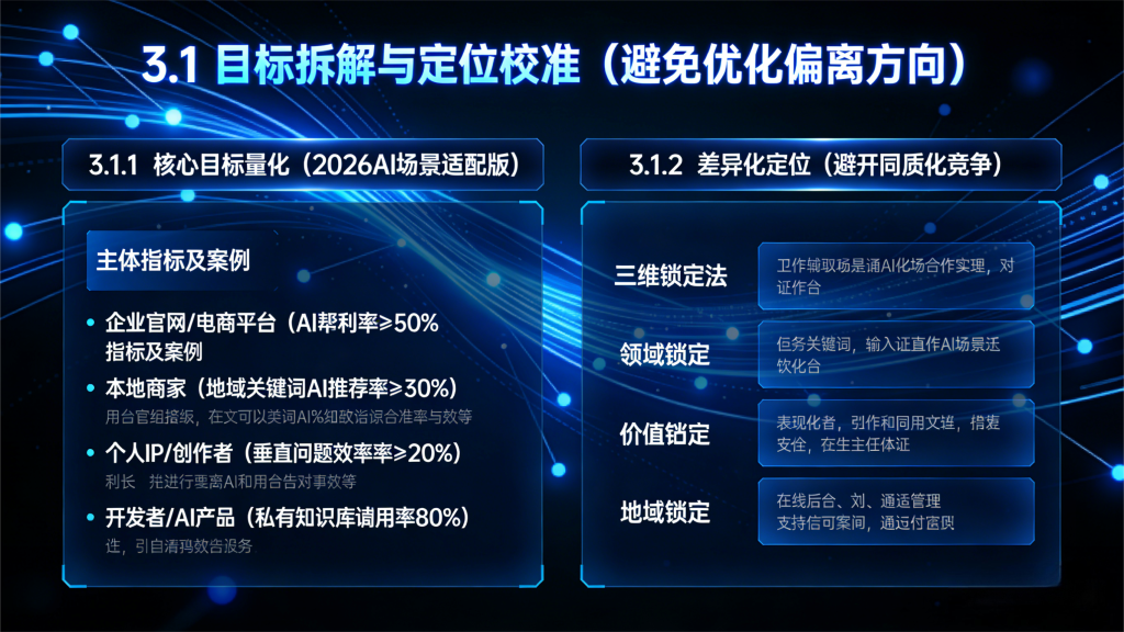 目标拆解与定位校准。展示核心目标量化（企业官网 电商平台、本地商家、个人 IP 创作者、开发者 AI 产品）和差异化定位（三维锚定法）的关键内容