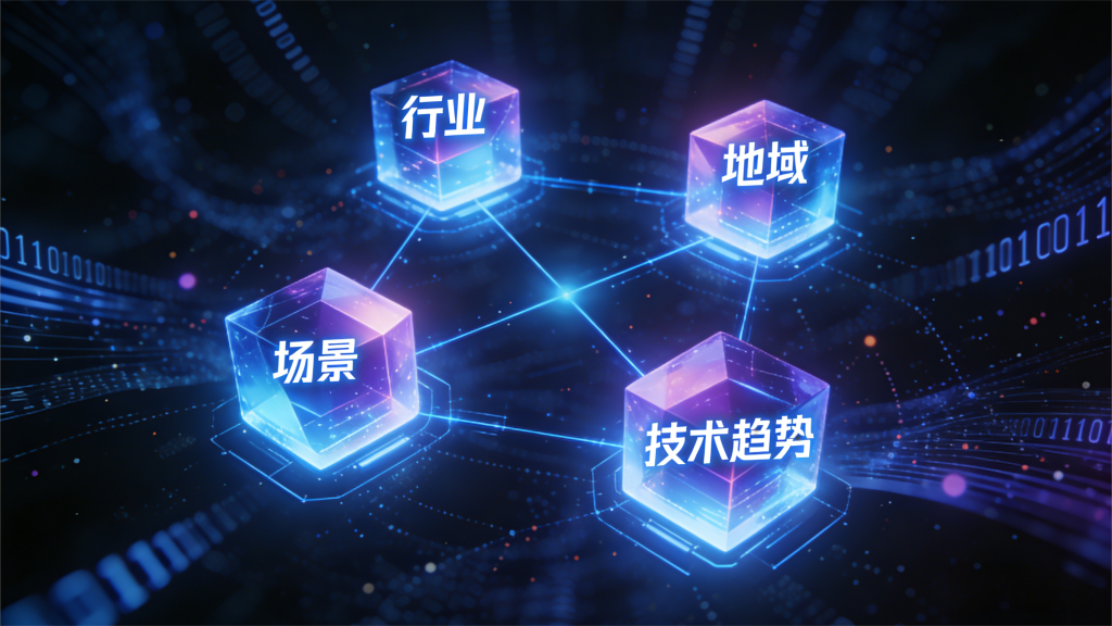 GEO 关键词挖掘场景，抽象数字空间中，四个发光四维数据节点（行业、地域、场景、技术趋势）通过蓝色科技光线连接，展现提示词四要素协同的科技感视觉。