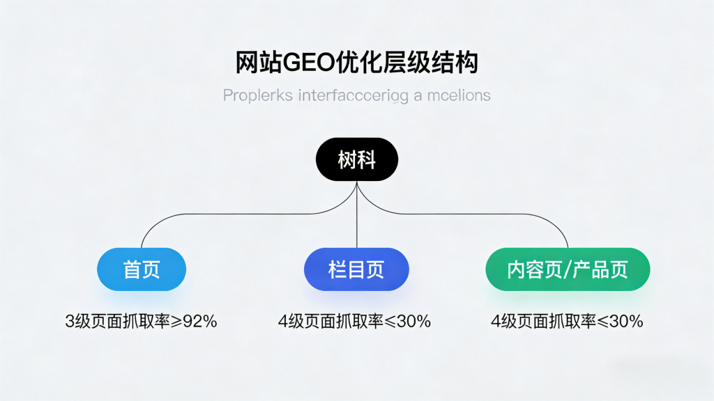 展示网站 GEO 优化的扁平化层级设计，清晰呈现 “首页→核心栏目页→产品 / 解决方案 / 博客页→细分页” 的 3 级结构（抓取率≥92%），对比 4 级及以上结构（抓取率≤30%）的劣势，直观体现适配 AI 爬虫逻辑的层级重构核心，助力提升 AI 抓取效率。