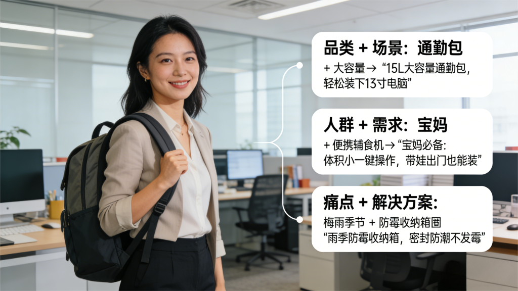 职场女性背通勤包的场景图，搭配 3 组产品文案案例（品类 + 场景：通勤包；人群 + 需求：宝妈辅食机；痛点 + 解决方案：防霉收纳箱），展示产品营销文案的创作逻辑。