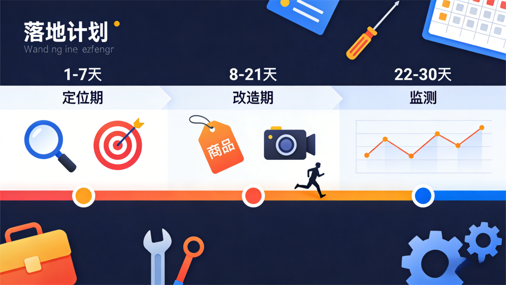 落地计划的阶段流程示意图，展示 1-7 天定位期（配放大镜、目标图标）、8-21 天改造期（配商品标签、相机图标）、22-30 天监测期（配折线图图标），背景含工具类装饰元素。