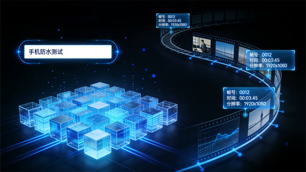 这是一张 “手机防水测试” 的科技可视化界面图，左侧显示标题，核心区域是蓝色发光立方体组成的可视化模块，右侧是带帧号、时间、分辨率的信息框及视频片段预览，整体呈现测试过程的数据可视化效果。