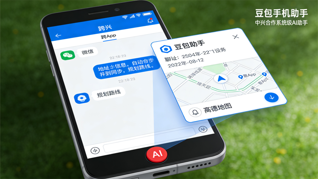 豆包与中兴合作本质图解，呈现系统级 AI 助手核心突破点（OS 底层权限、跨 App 操作、多模态交互），标注努比亚 M153 工程样机合作信息，科技蓝为主色调