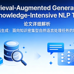 面向知识密集型自然语言处理任务的解决方案副标题，同时搭配数据库、放大镜、神经网络等象征-RAG（检索增强生成）框架的图标元素